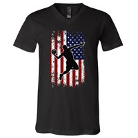 Vintage Basketball 4th of July USA American Flag V-Neck T-Shirt