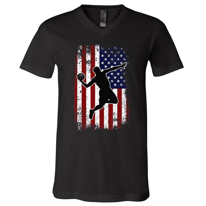 Vintage Basketball 4th of July USA American Flag V-Neck T-Shirt