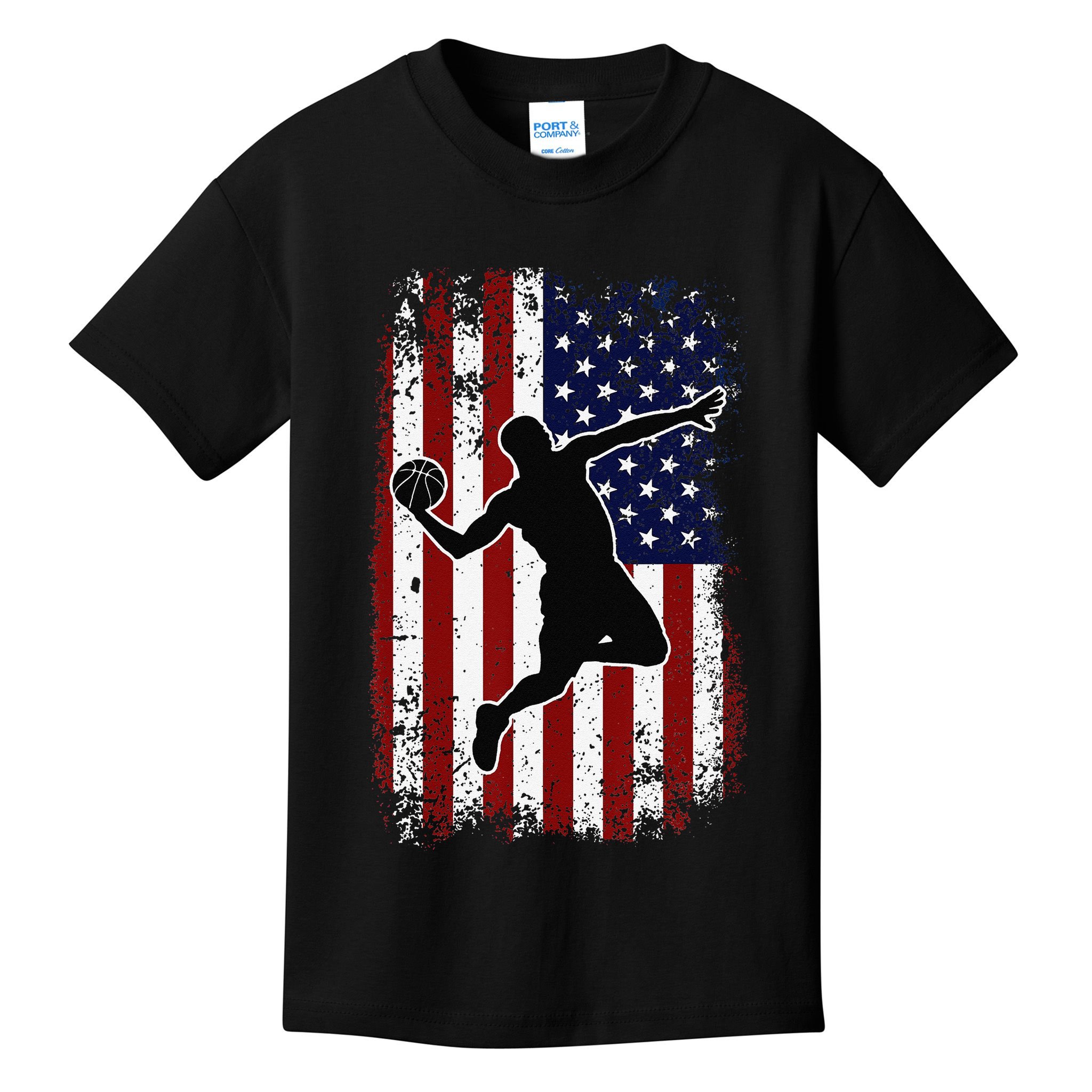 Vintage Basketball 4th of July USA American Flag Kids T-Shirt