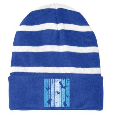 Vintage Birding Artwork Birdwatching Bird Lover Funny Gift Striped Beanie with Solid Band