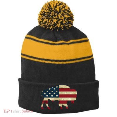 Vintage Buffalo American Flag Bison Patriotic Gift Stripe Pom Pom Beanie