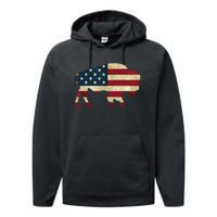 Vintage Buffalo American Flag Bison Patriotic Gift Performance Fleece Hoodie