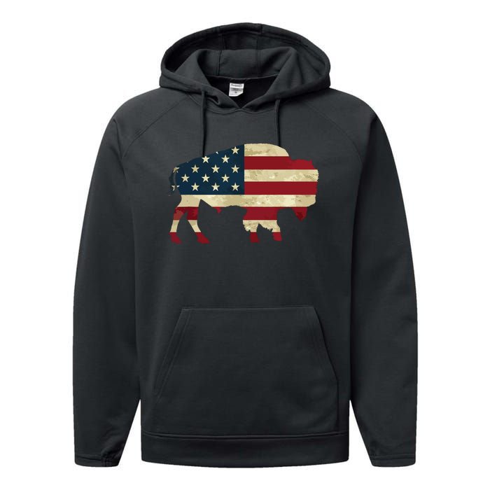 Vintage Buffalo American Flag Bison Patriotic Gift Performance Fleece Hoodie