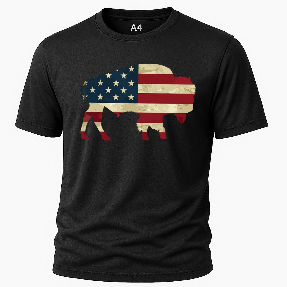 Vintage Buffalo American Flag Bison Patriotic Gift Cooling Performance Crew T-Shirt