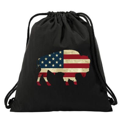 Vintage Buffalo American Flag Bison Patriotic Gift Drawstring Bag