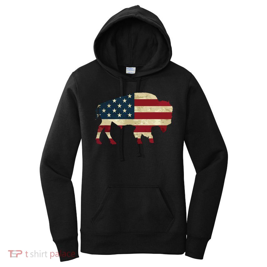 Vintage Buffalo American Flag Bison Patriotic Gift Women's Pullover Hoodie