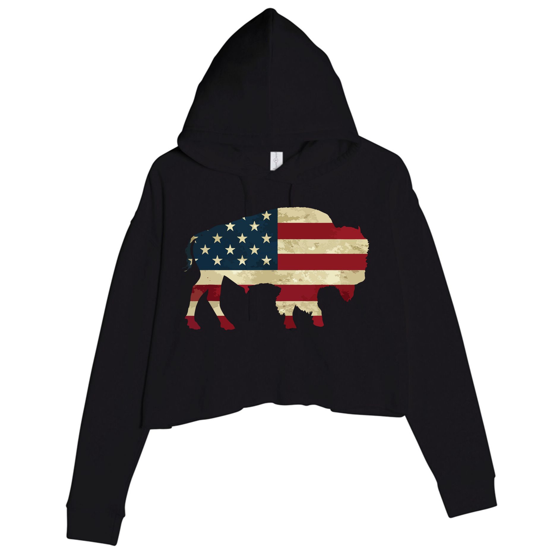 Vintage Buffalo American Flag Bison Patriotic Gift Crop Fleece Hoodie