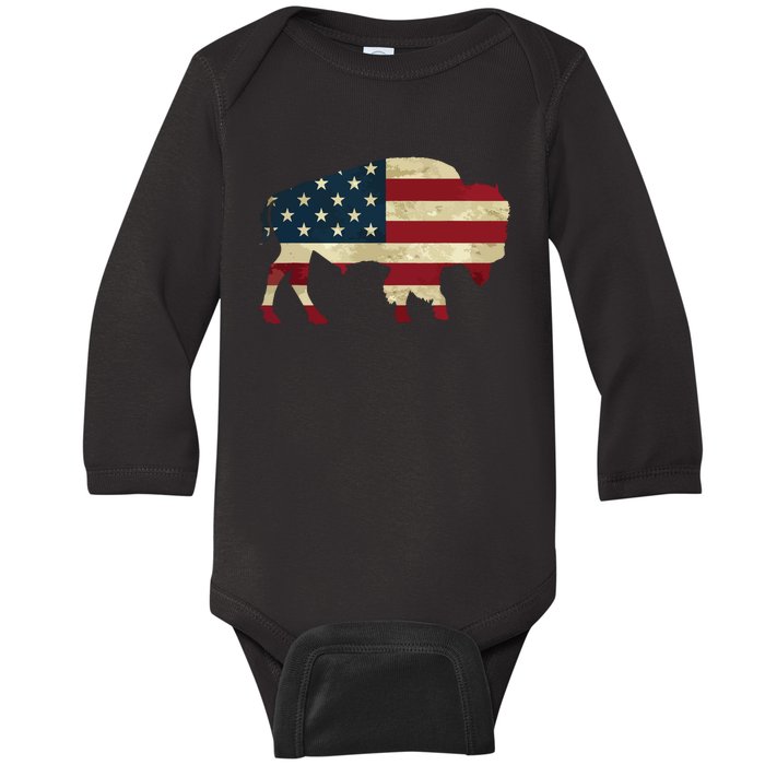 Vintage Buffalo American Flag Bison Patriotic Gift Baby Long Sleeve Bodysuit