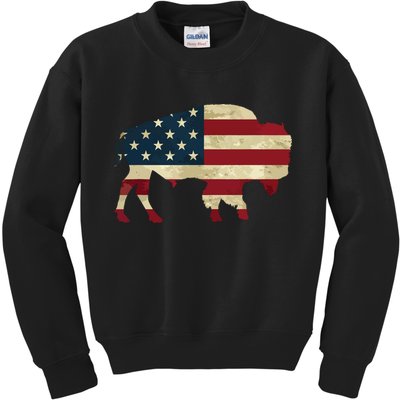 Vintage Buffalo American Flag Bison Patriotic Gift Kids Sweatshirt