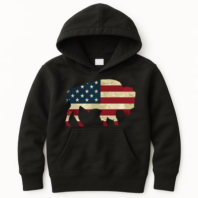 Vintage Buffalo American Flag Bison Patriotic Gift Kids Hoodie