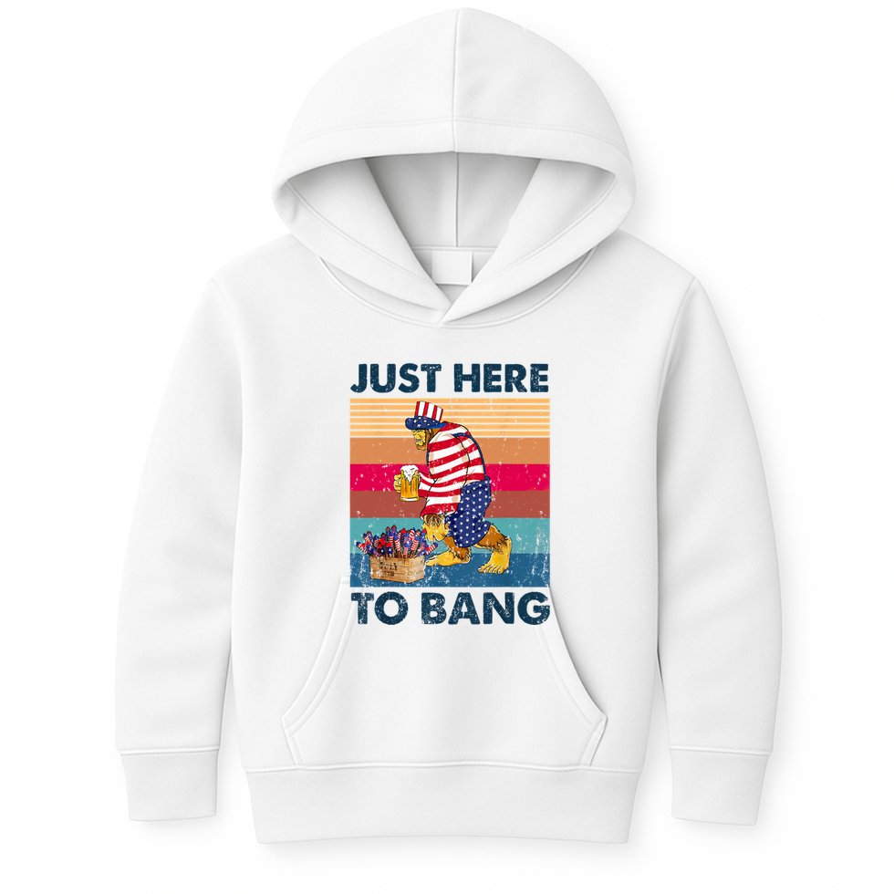 Vintage Bigfoot American Shirts Just Here To Bang 4th Of July Kids Hoodie