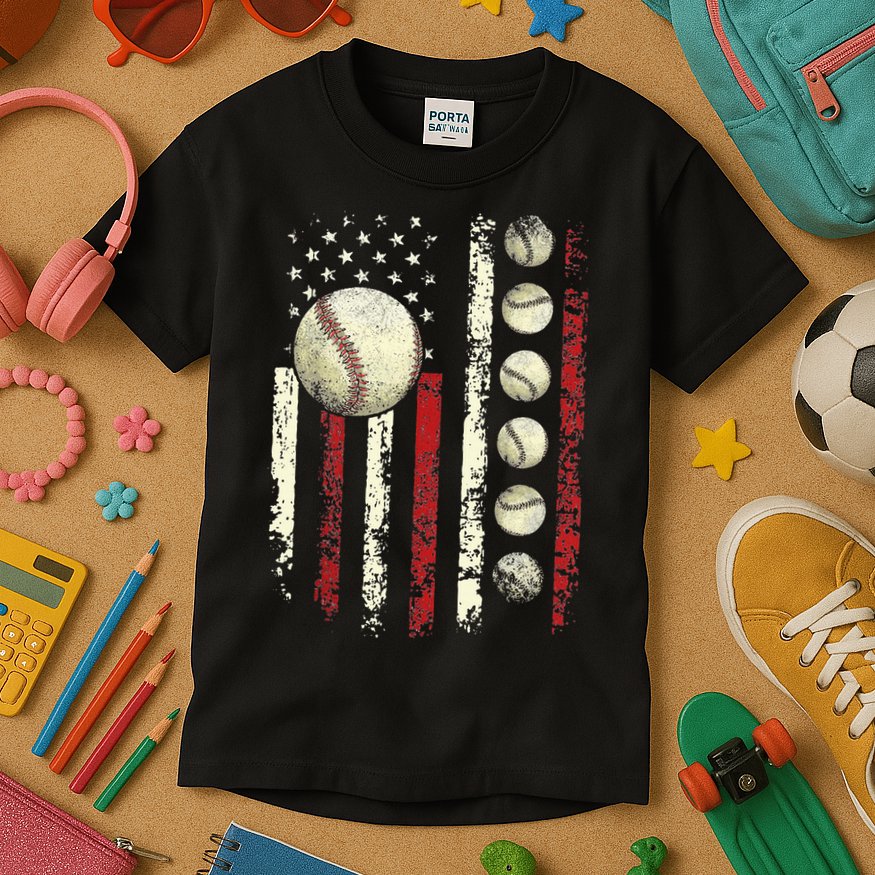 Vintage Baseball American Flag Kids T-Shirt