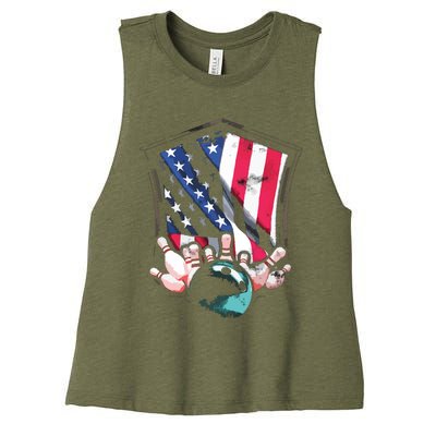 Vintage Bowling American USA Flag Bowling Women's Racerback Cropped Tank