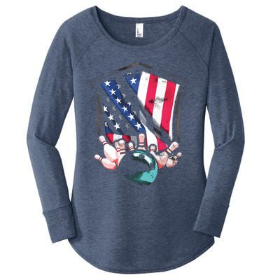 Vintage Bowling American USA Flag Bowling Women's Perfect Tri Tunic Long Sleeve Shirt