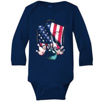 Vintage Bowling American USA Flag Bowling Baby Long Sleeve Bodysuit