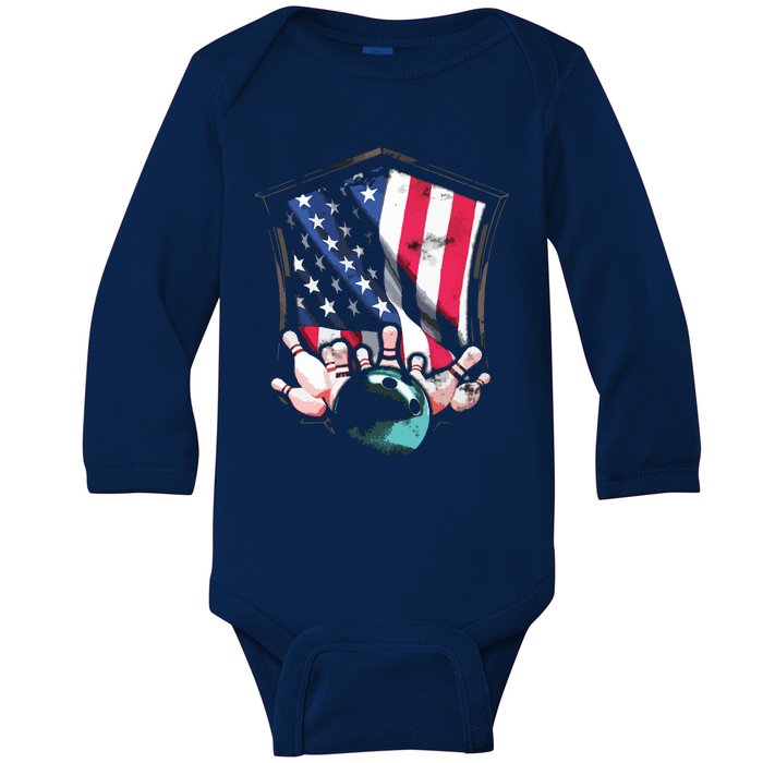 Vintage Bowling American USA Flag Bowling Baby Long Sleeve Bodysuit