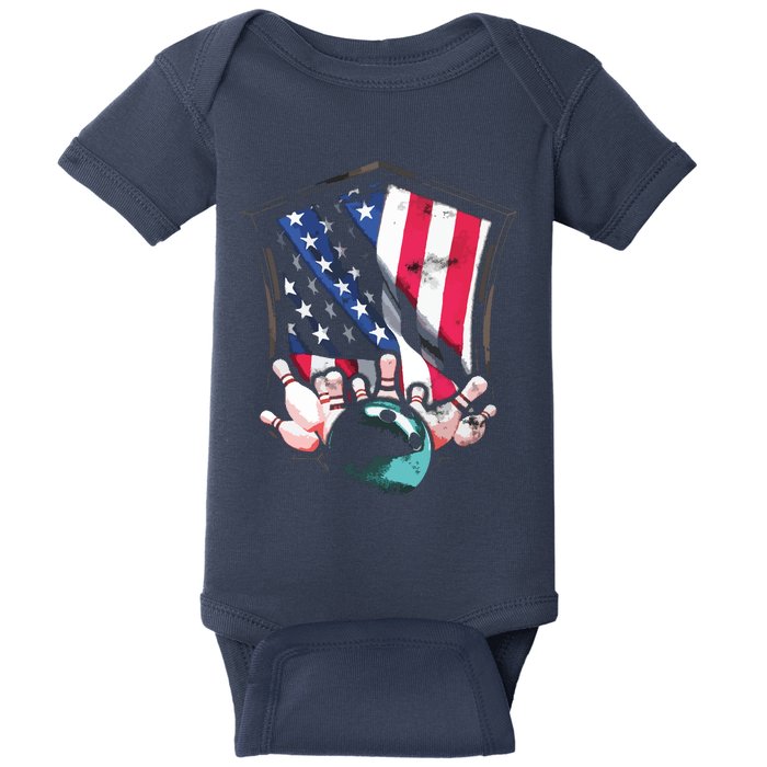 Vintage Bowling American USA Flag Bowling Baby Bodysuit