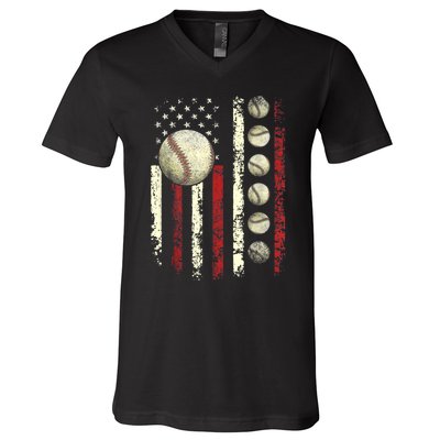 Vintage Baseball American Flag V-Neck T-Shirt