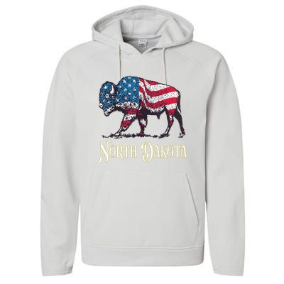 Vintage Buffalo American Flag Patriotic North Dakota Bison Performance Fleece Hoodie