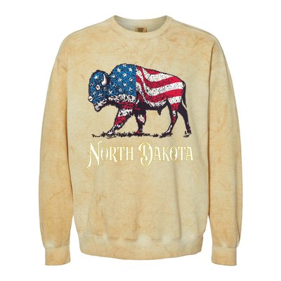 Vintage Buffalo American Flag Patriotic North Dakota Bison Colorblast Crewneck Sweatshirt