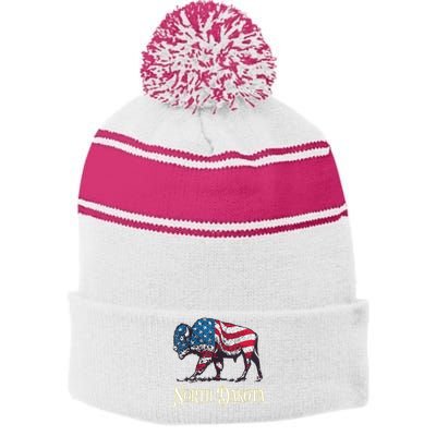 Vintage Buffalo American Flag Patriotic North Dakota Bison Stripe Pom Pom Beanie