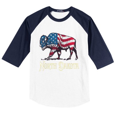 Vintage Buffalo American Flag Patriotic North Dakota Bison Baseball Sleeve Shirt