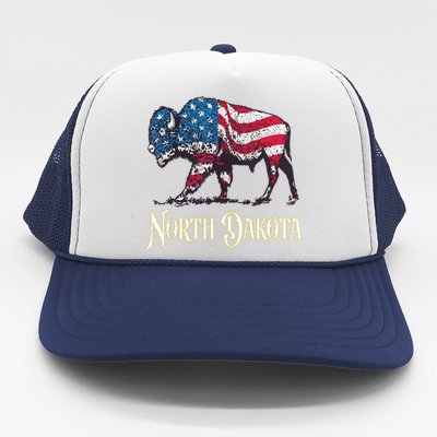 Vintage Buffalo American Flag Patriotic North Dakota Bison Trucker Hat