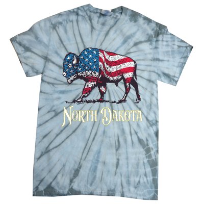 Vintage Buffalo American Flag Patriotic North Dakota Bison Tie-Dye T-Shirt