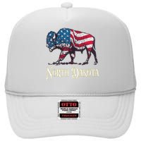 Vintage Buffalo American Flag Patriotic North Dakota Bison High Crown Mesh Back Trucker Hat