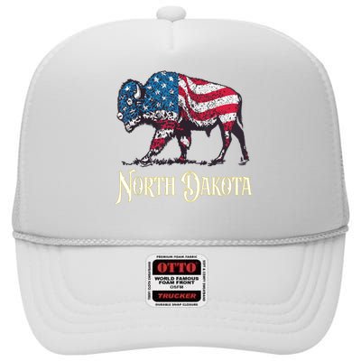 Vintage Buffalo American Flag Patriotic North Dakota Bison High Crown Mesh Back Trucker Hat