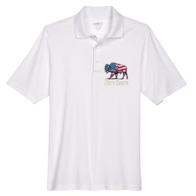 Vintage Buffalo American Flag Patriotic North Dakota Bison Men's Origin Performance Pique Polo