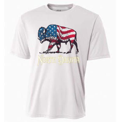 Vintage Buffalo American Flag Patriotic North Dakota Bison Cooling Performance Crew T-Shirt