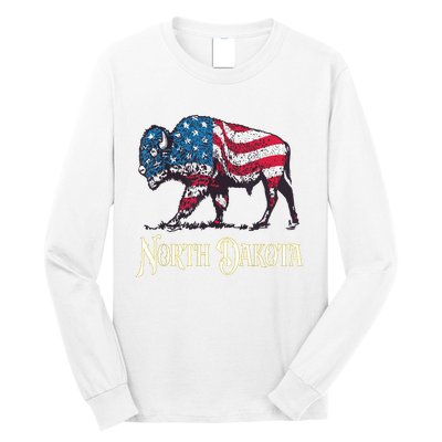 Vintage Buffalo American Flag Patriotic North Dakota Bison Long Sleeve Shirt