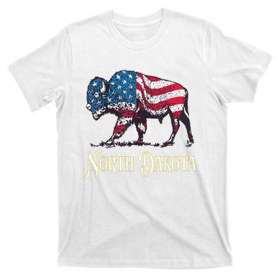 Vintage Buffalo American Flag Patriotic North Dakota Bison T-Shirt