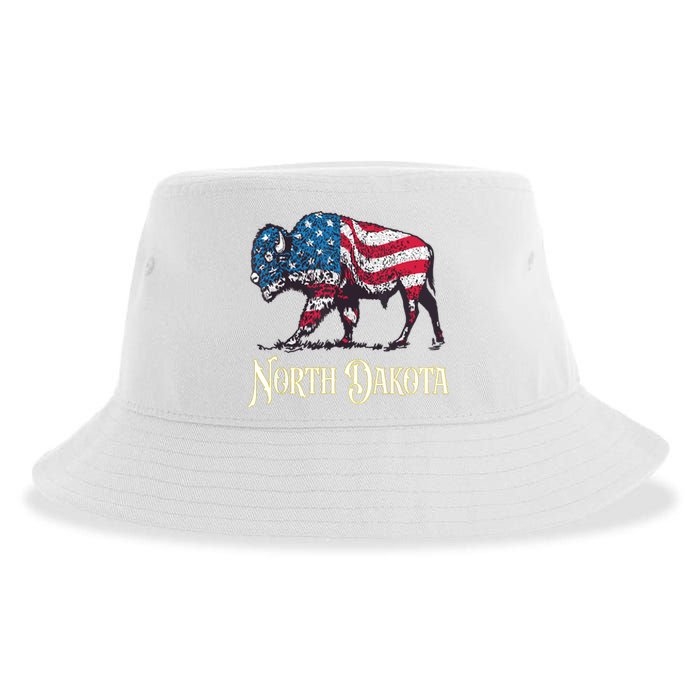 Vintage Buffalo American Flag Patriotic North Dakota Bison Sustainable Bucket Hat