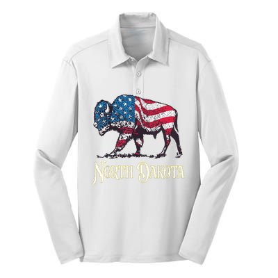 Vintage Buffalo American Flag Patriotic North Dakota Bison Silk Touch Performance Long Sleeve Polo