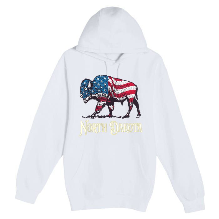 Vintage Buffalo American Flag Patriotic North Dakota Bison Premium Pullover Hoodie