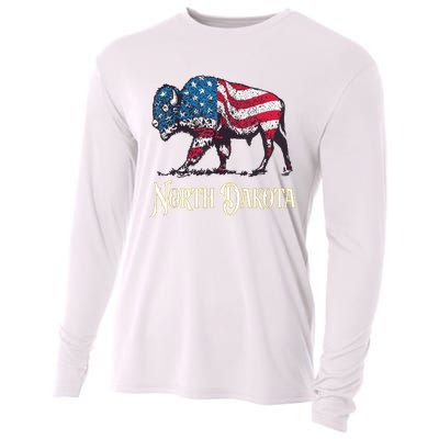 Vintage Buffalo American Flag Patriotic North Dakota Bison Cooling Performance Long Sleeve Crew