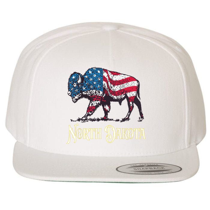 Vintage Buffalo American Flag Patriotic North Dakota Bison Wool Snapback Cap