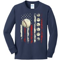 Vintage Baseball American Flag Kids Long Sleeve Shirt