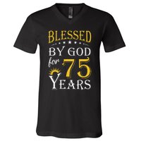 Vintage Blessed By God For 75 Years Happy 75th Birthday V-Neck T-Shirt