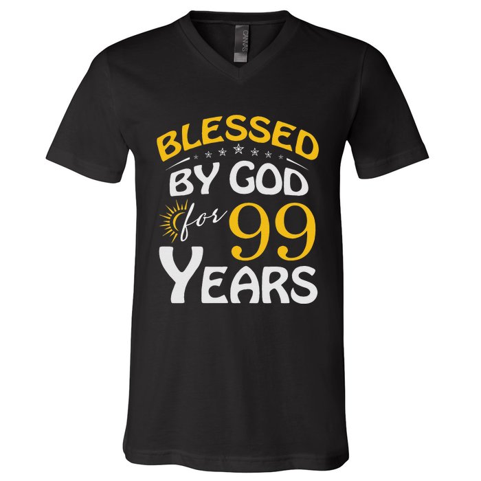 Vintage Blessed By God For 99 Years Old Happy 99th Birthday V-Neck T-Shirt