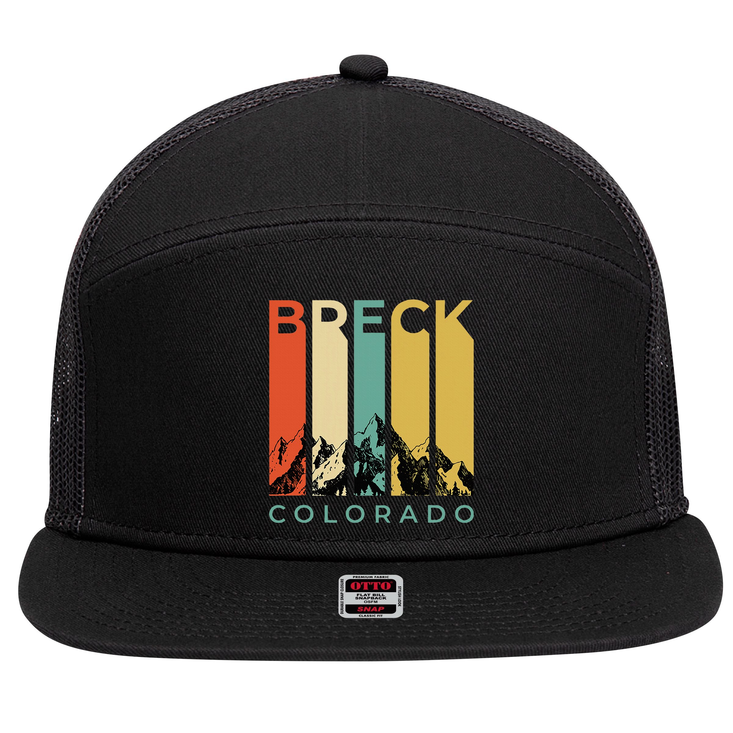 Vintage Breckenridge “Breck” Colorado Retro Colored Stripes 7 Panel Mesh Trucker Snapback Hat