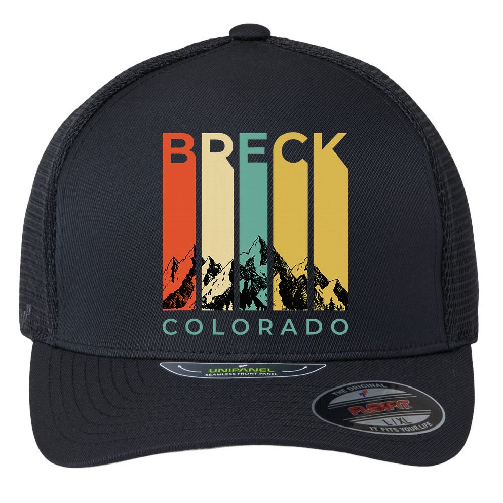 Vintage Breckenridge “Breck” Colorado Retro Colored Stripes Flexfit Unipanel Trucker Cap