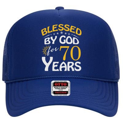 Vintage Blessed By God For 70 Years Old Happy 70th Birthday Cute Gift High Crown Mesh Back Trucker Hat