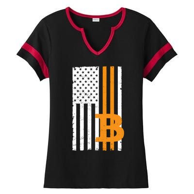 Vintage Bitcoin BTC USA Flag Crypto Currency Traders Bitcoin Ladies Halftime Notch Neck Tee