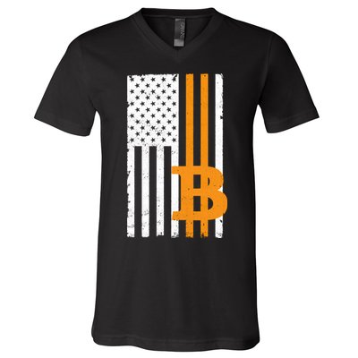 Vintage Bitcoin BTC USA Flag Crypto Currency Traders Bitcoin V-Neck T-Shirt