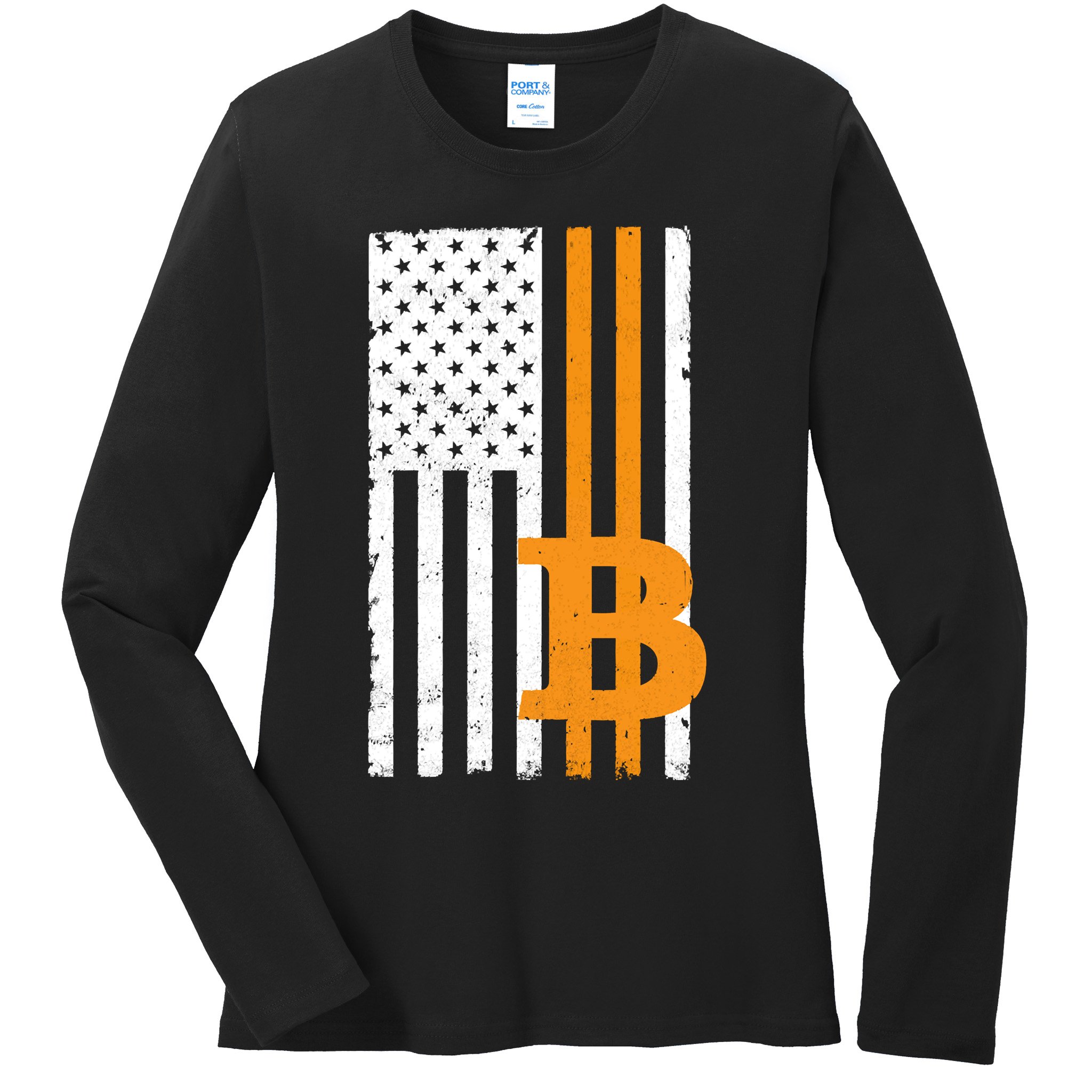 Vintage Bitcoin BTC USA Flag Crypto Currency Traders Bitcoin Ladies Long Sleeve Shirt