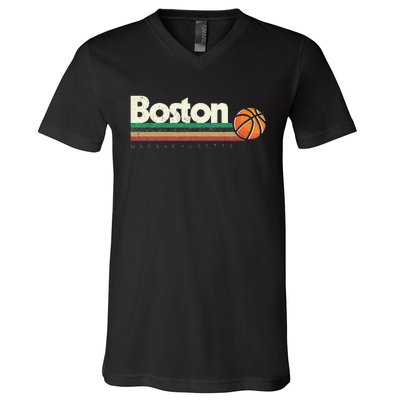 Vintage Basketball Boston City B Ball Retro Stripes V-Neck T-Shirt