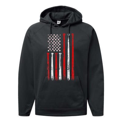 Vintage Baseball Bat American USA Flag Baseball Graphic Performance Fleece Hoodie